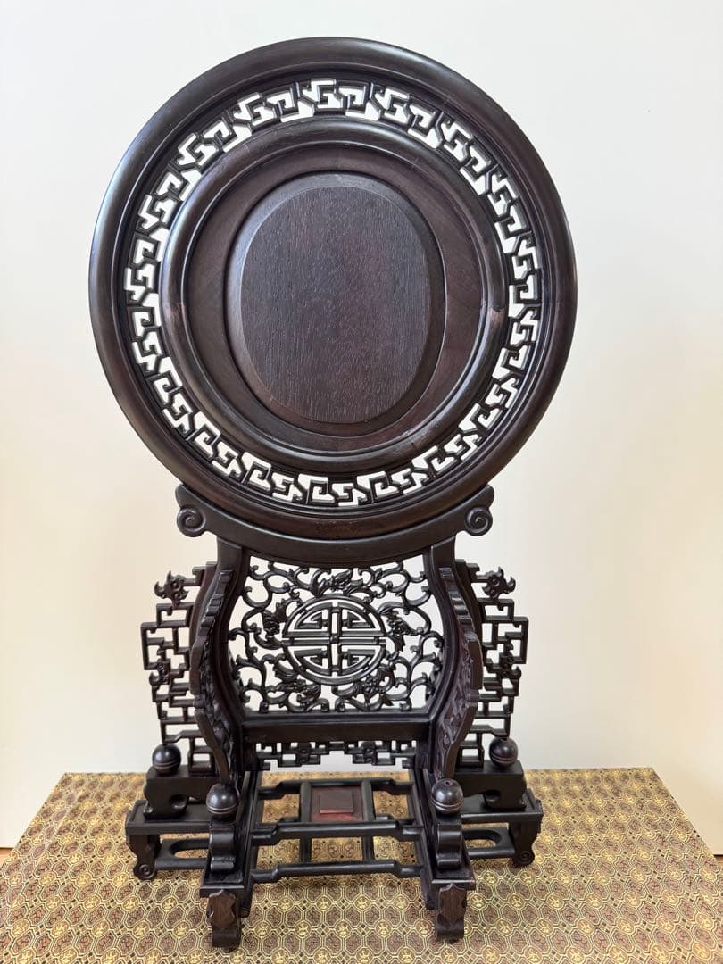 中国美術工芸品 木彫透かし屏風 花鳥図 高43cm 幅24cm 台座・箱付