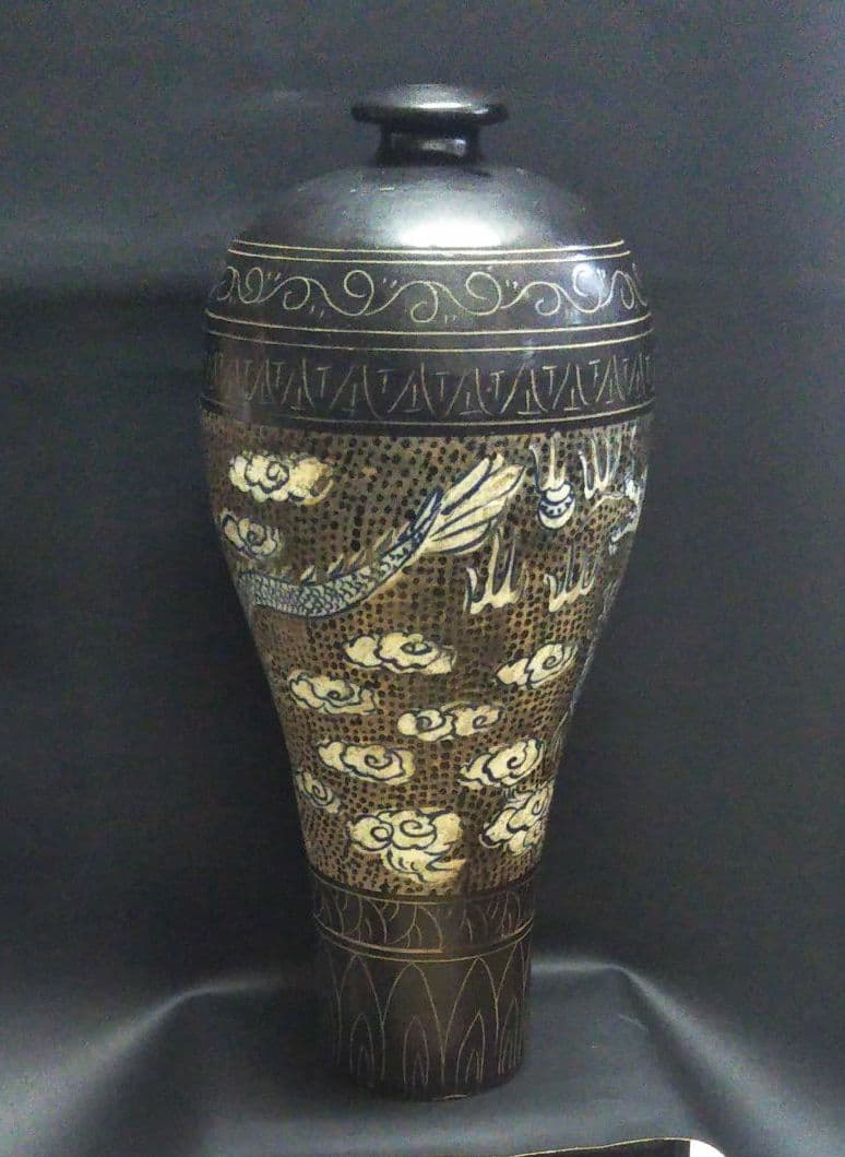 ※中国古美術/磁州窯黒掻落龍紋大梅瓶/北宋代/