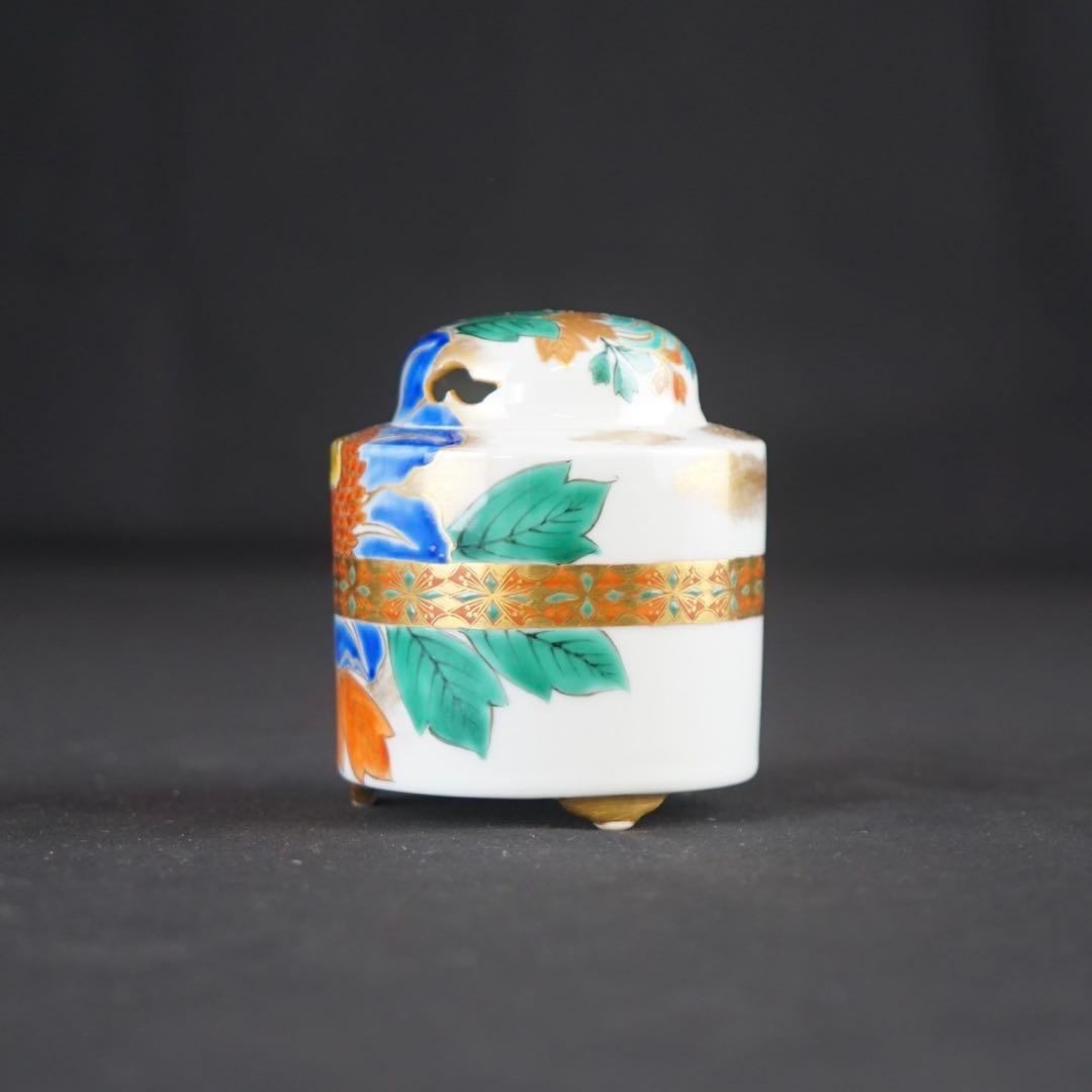 四代 上出喜山 九谷 極彩色鉄線文様 香炉 共箱 共布 保証品 茶道具