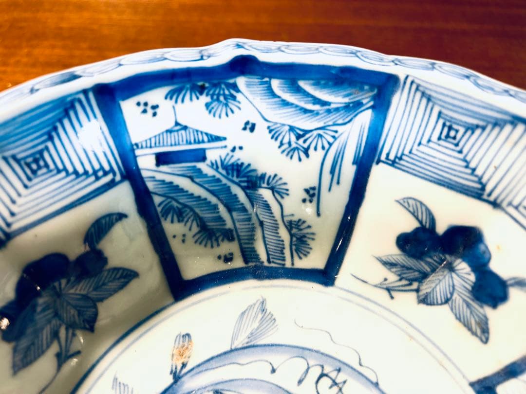 江戸期　古染付芙蓉手　間取山水　深鉢