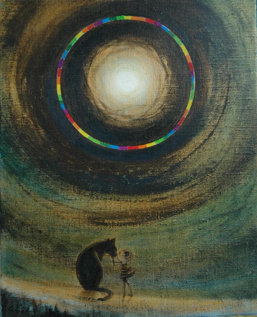 油絵 菅家令子絵 絵画インテリア額付(青緑＋金色の枠)F3-051821犬猫女子