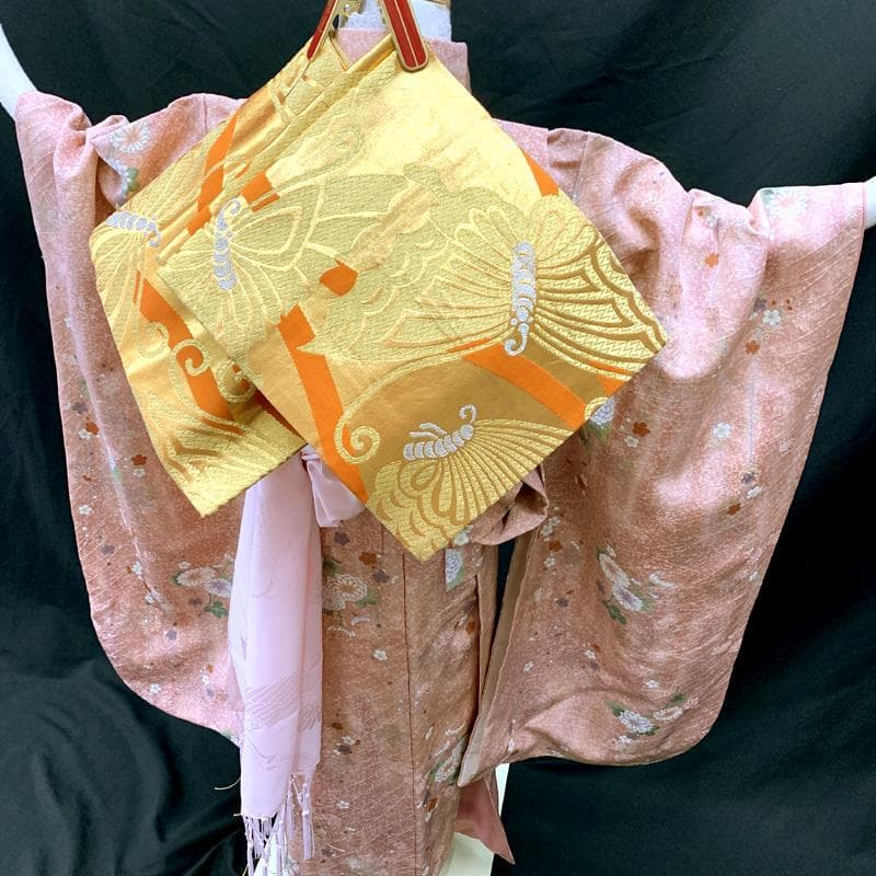 509ag31□七五三 七歳 女児 着物&袋帯 菊 梅 くすみピンク□美品