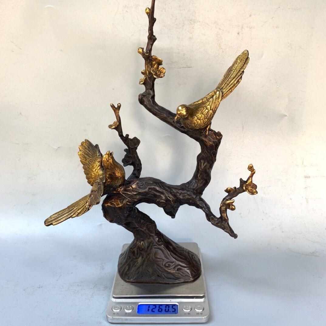 銅器 喜上眉梢 双喜臨門 かささぎ 茶室 文机 客間 玄関 装飾品 工芸品 置物