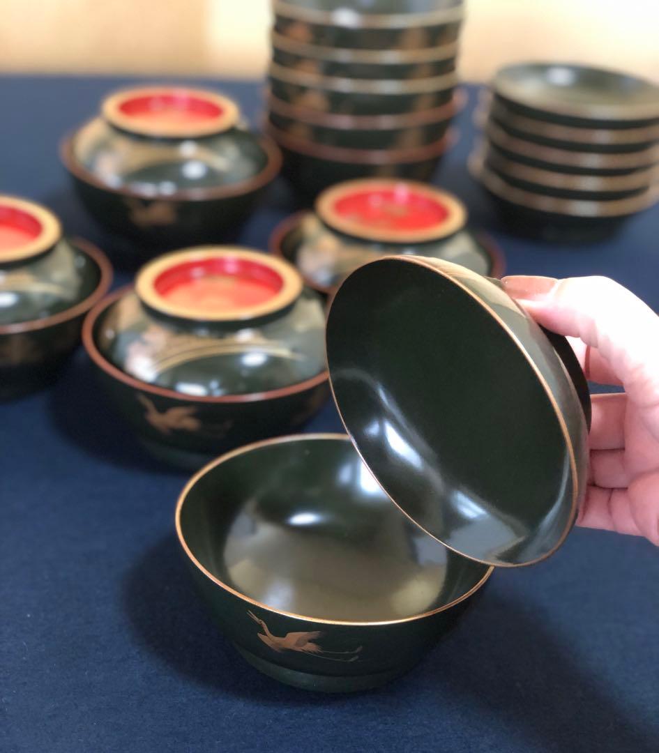 《R》青漆内朱 若松鶴蒔絵 菓子椀10客 木製漆器 木箱　250904H2