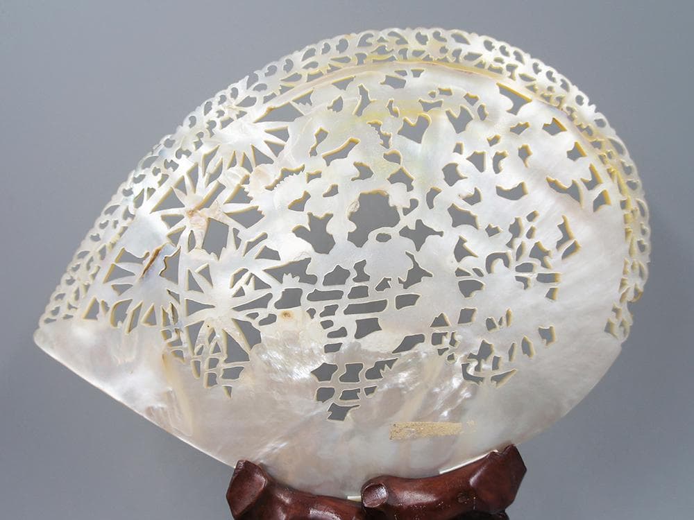 貝】 ☆ 文房 貝彫花鳥図擺件 ☆ 清朝期 竹 牡丹 喜鵲 彫刻文様 雅玩雑