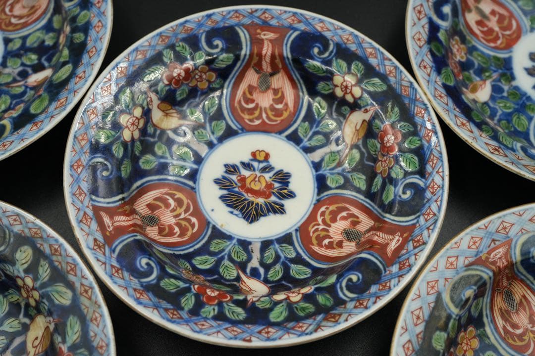 古伊万里　里帰り　元禄享保染錦皿　五客　磁貫アリ