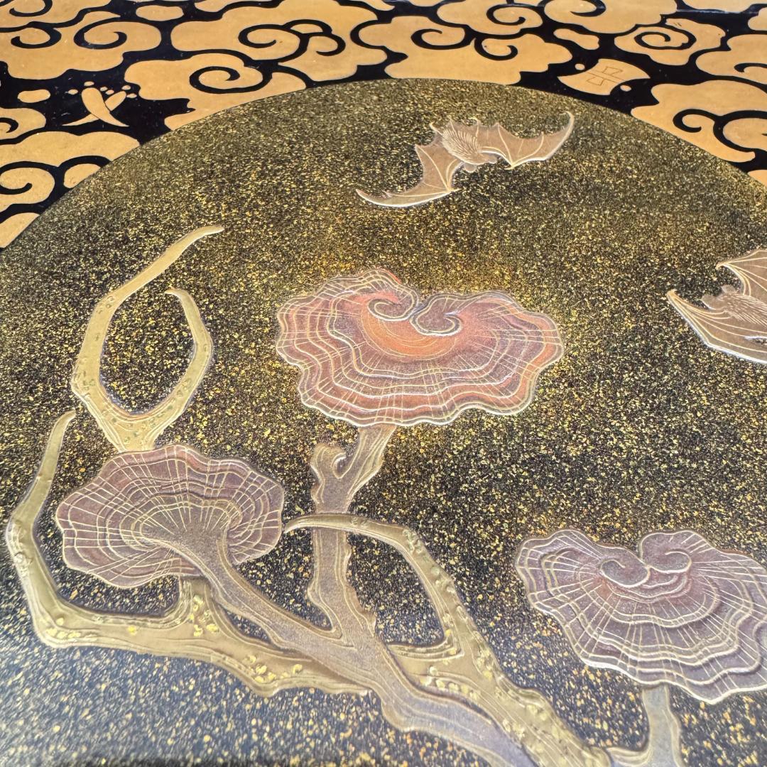 江戸中・後期 重金蒔絵 雲文霊芝様 献菓台 共箱 天然木 漆芸 　縁起