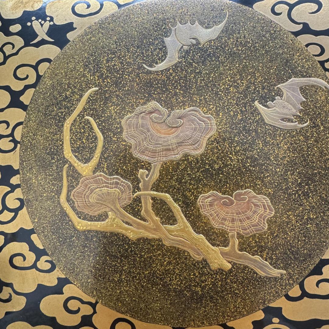 江戸中・後期 重金蒔絵 雲文霊芝様 献菓台 共箱 天然