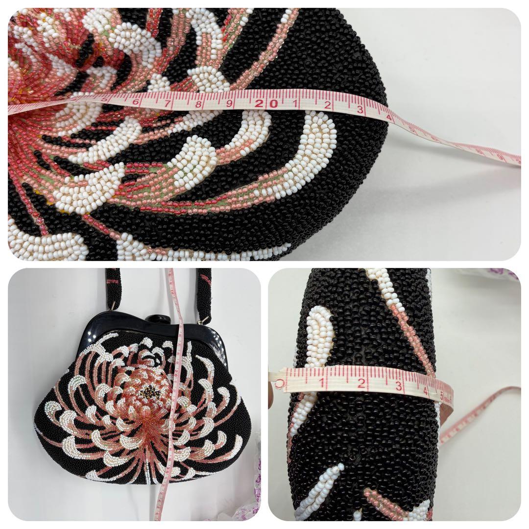 1570 総ビーズ ハンドバッグ 乱菊 黒地 昭和レトロ 和装小物 成人式