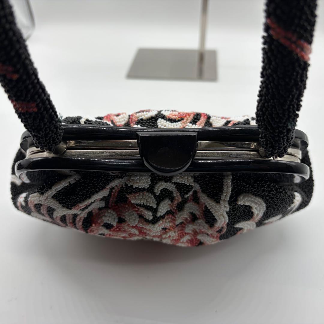 1570 総ビーズ ハンドバッグ 乱菊 黒地 昭和レトロ 和装小物 成人式