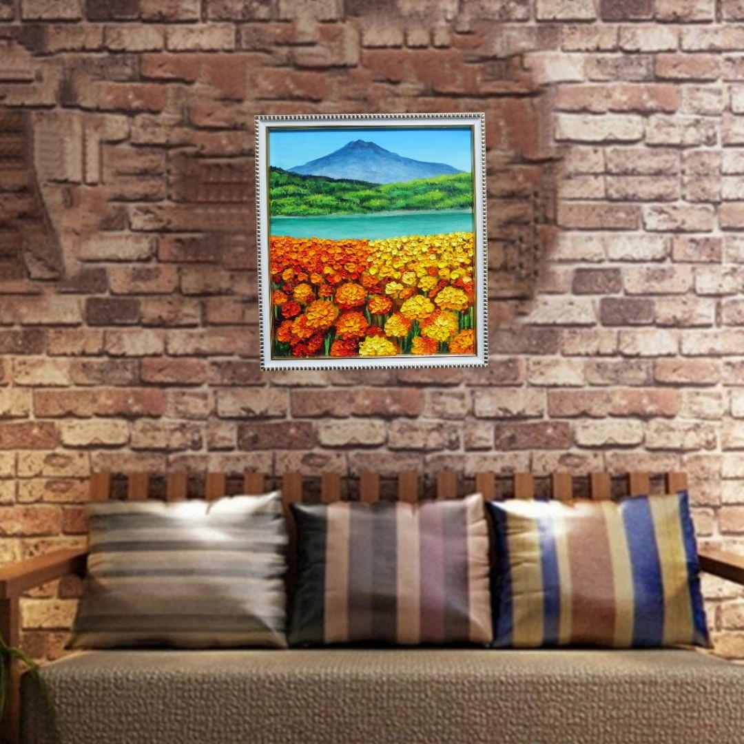 油絵 油彩 油彩画 絵 絵画【マリーゴールドと富士山】