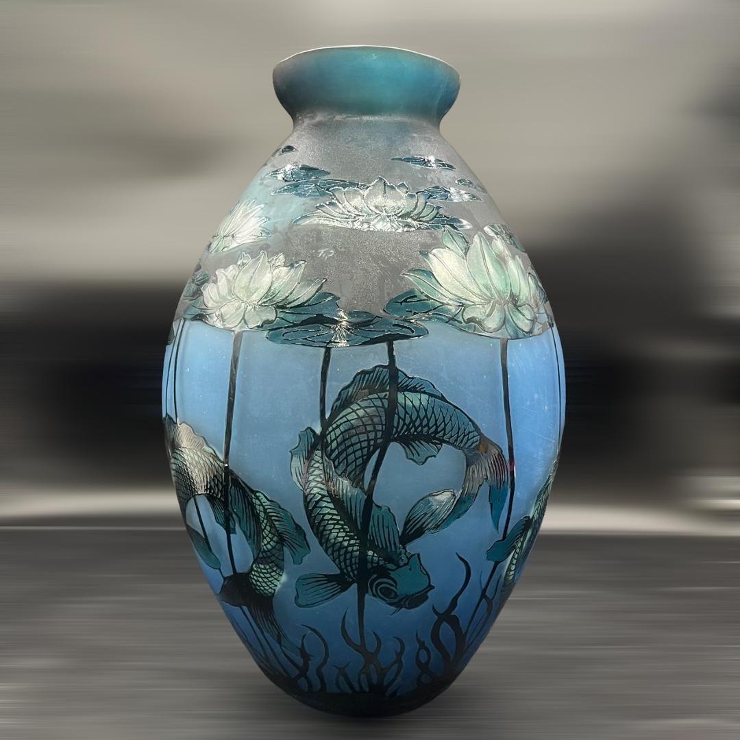 エミールガレ 鯉紋 特特大 花瓶 カメオ彫り 被せガラス 高さ40cm