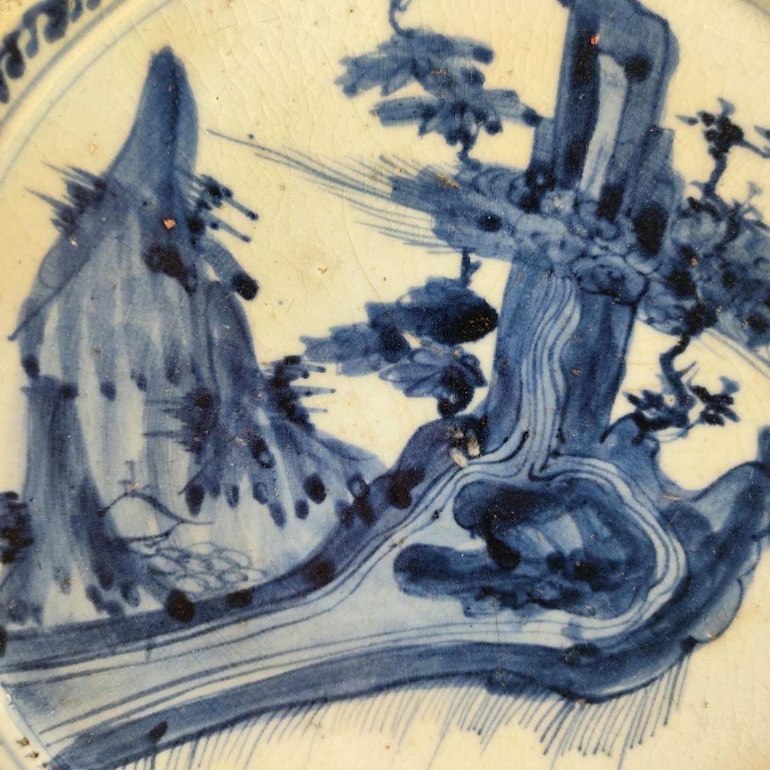 お値下げしました、初期伊万里　染付　蓬莱山　楼閣山水　滝文皿　箱付