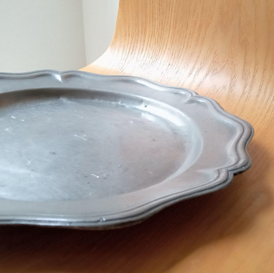 希少 フランス アンティーク エタン 皿ピューター 花リムプレート 大皿
