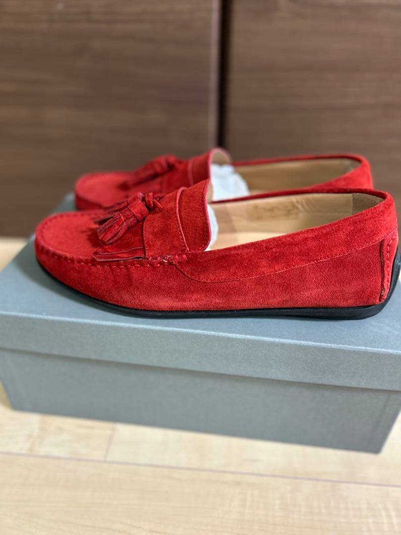 【美品】BOEMOS メンズ 赤 スエードフリンジ モカシン 25.5㎝