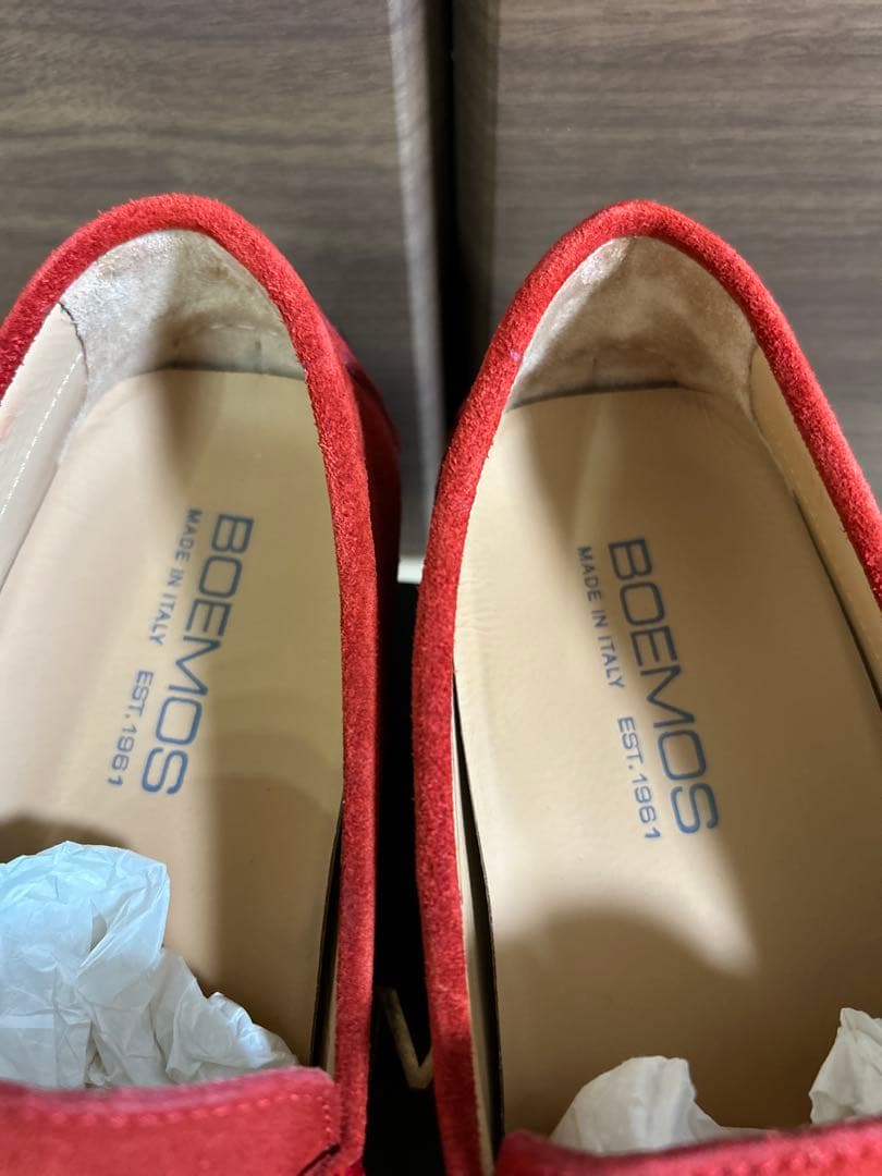 【美品】BOEMOS メンズ 赤 スエードフリンジ モカシン 25.5㎝