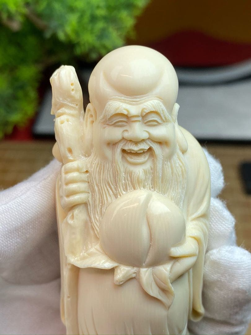 天然マンモス牙美しい手作り彫刻 1寿星公 置物