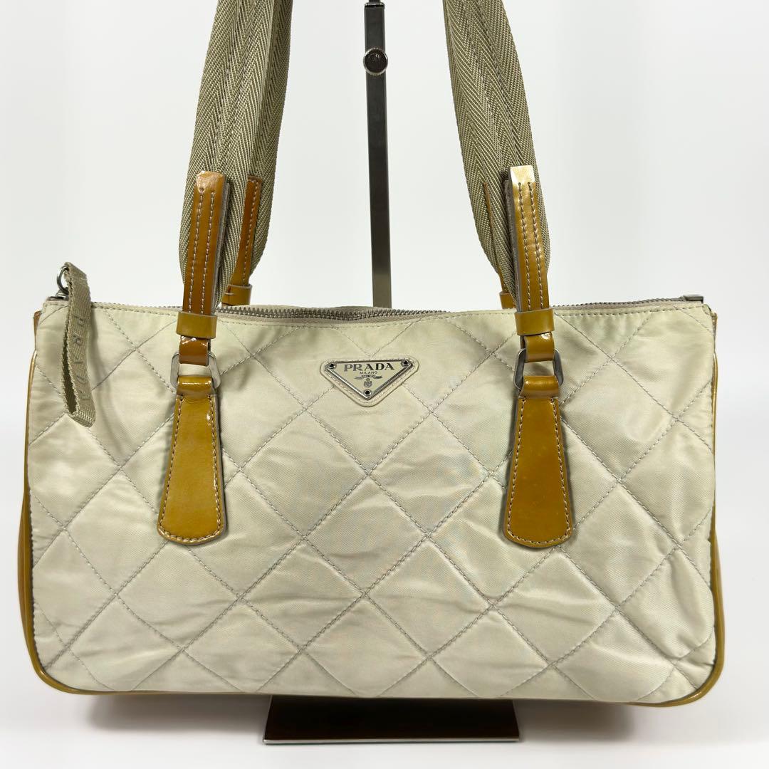 00s PRADA キルティングナイロン ショルダーバッグ ベージュ 3角ロゴ