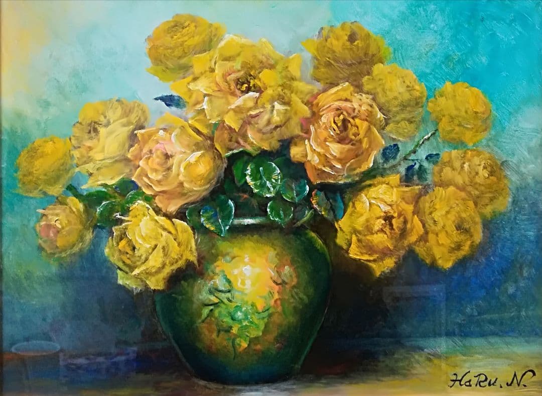 絵画 油彩 画家 haru 花 バラ 薔薇 花瓶 真作 原画 一点物。 ☆ HaRu 花