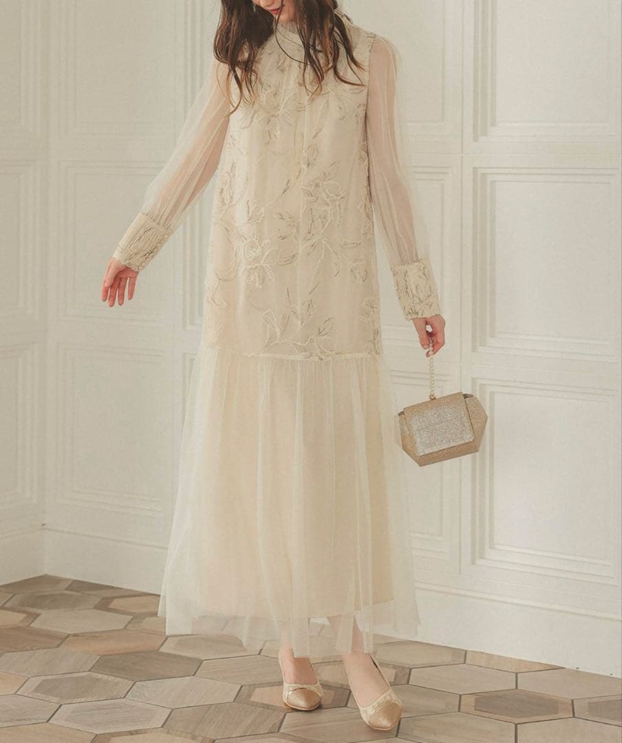 フェザーフラワーチュールドレス 結婚式お呼ばれワンピース オケージョンドレス