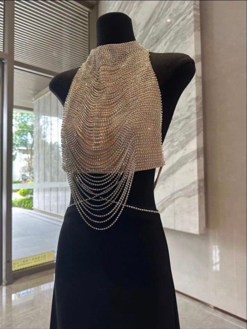 ホルターネックビジュー装飾ロングドレス パーティー キャバ セクシー