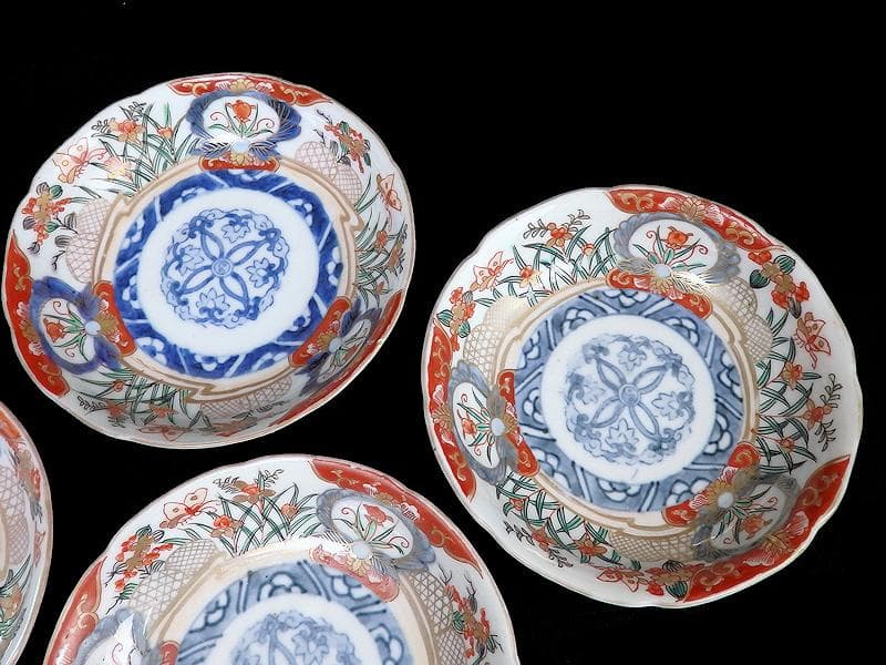 古伊万里　色絵　蝶に菖蒲の図　４寸皿　４枚　C232AS-WWs