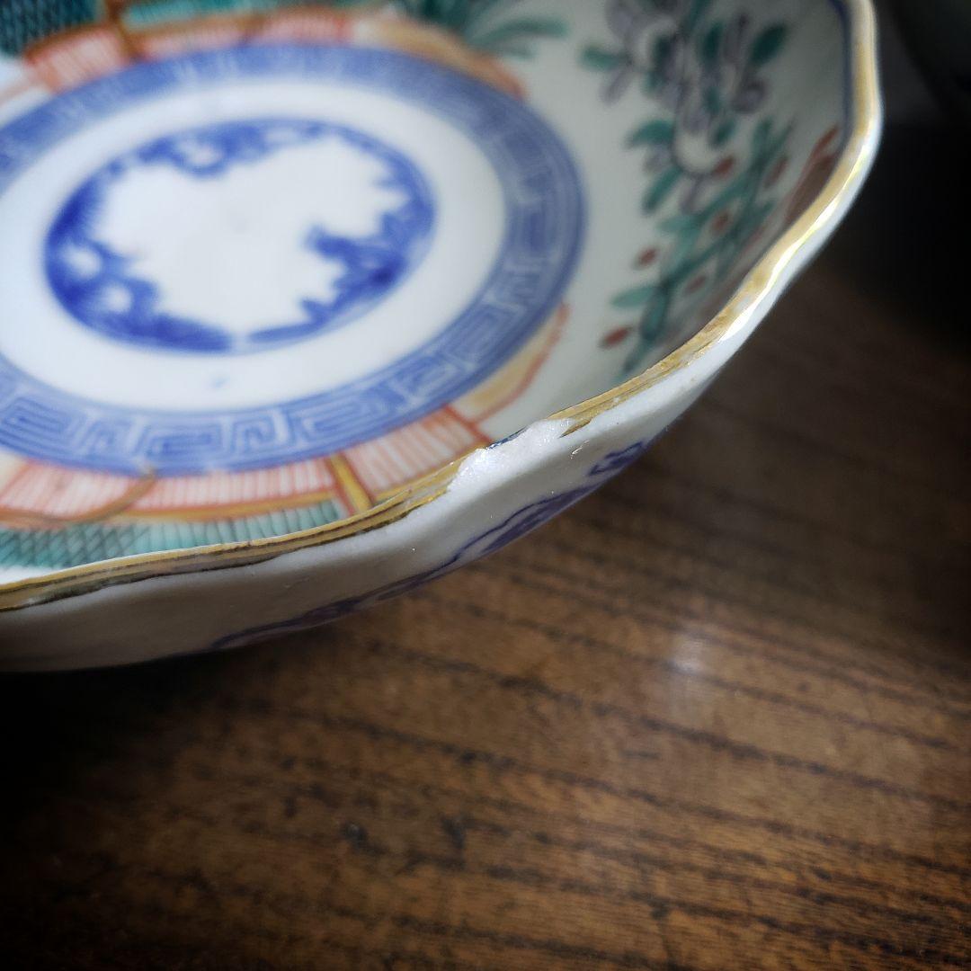 なます皿　色絵付　印判　変わり図柄　明治　大正　モダン唐草　2枚　欠け　ロ号