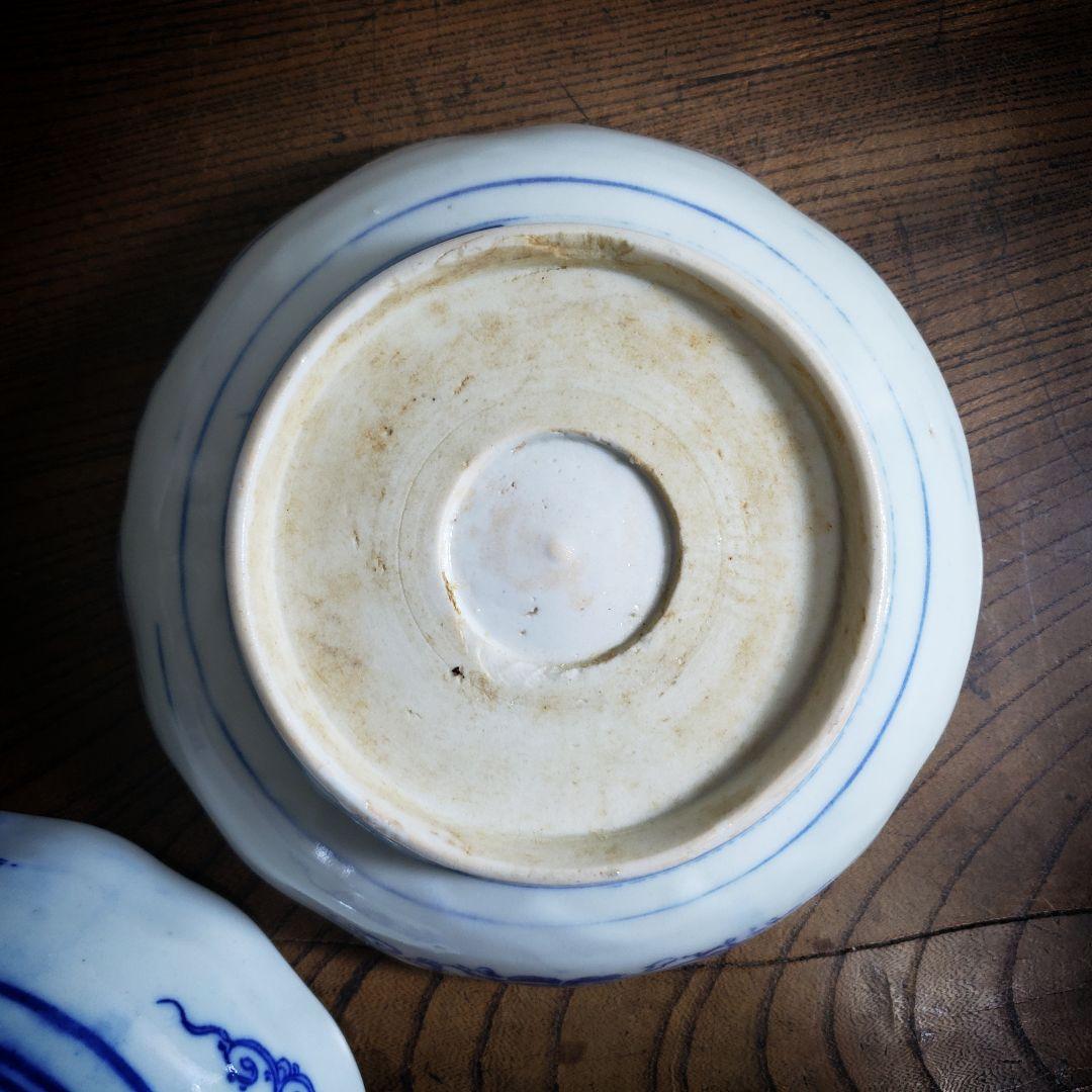 なます皿　色絵付　印判　変わり図柄　明治　大正　モダン唐草　2枚　欠け　ロ号