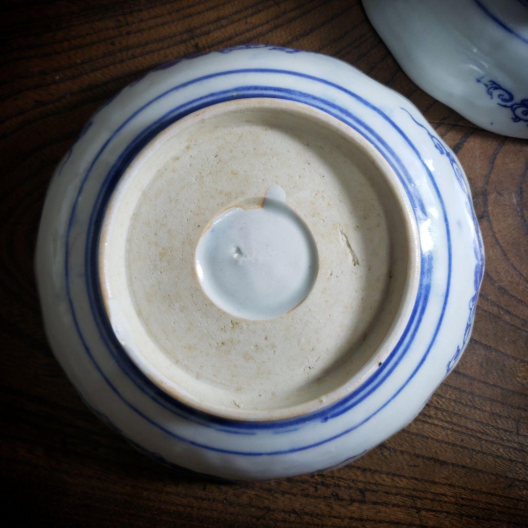 なます皿　色絵付　印判　変わり図柄　明治　大正　モダン唐草　2枚　欠け　ロ号