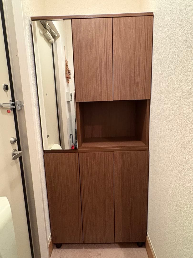 【美品】シューズボックス ミラー付き 組立済み 汚れ防止シート付き ※即購入可 前面ミラー＆板戸シューズボックス ハイタイプ・幅89.5 高さ180cm 通販