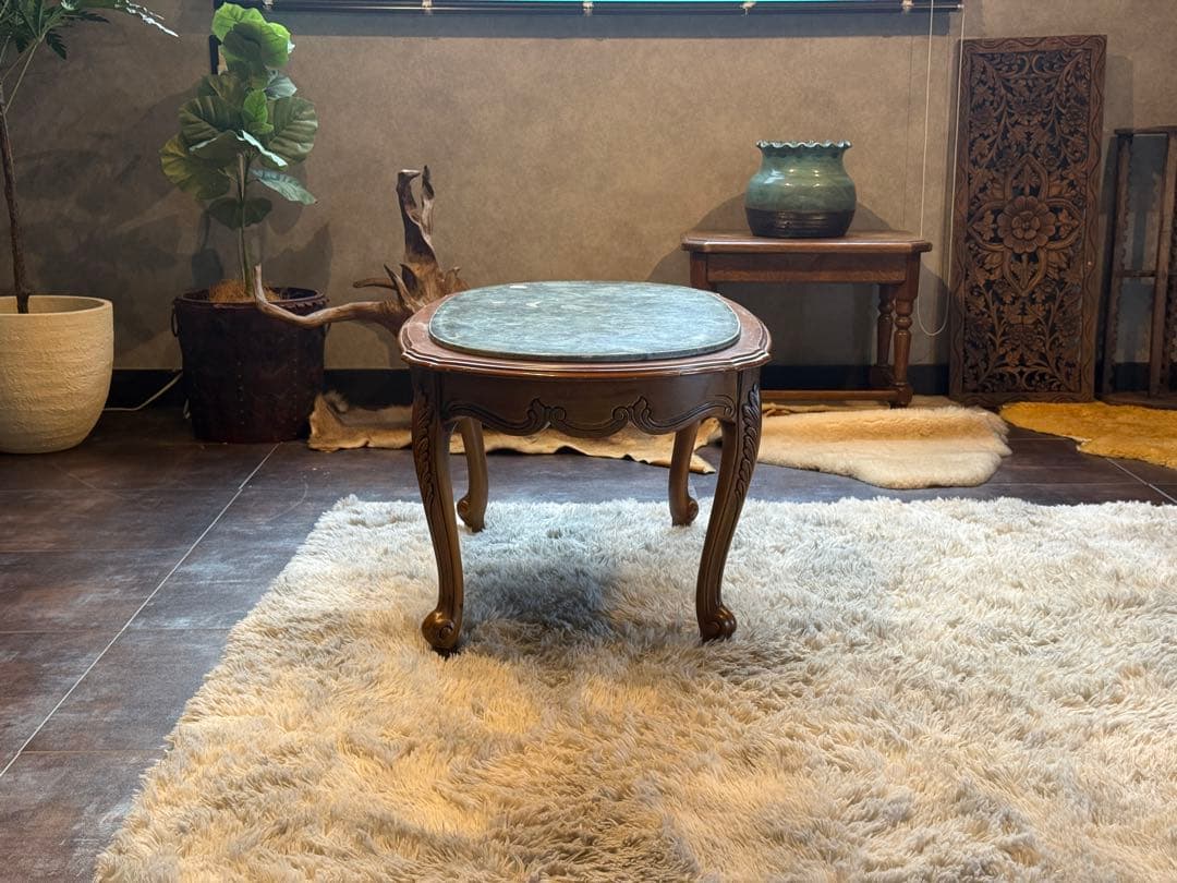 大理石　センターテーブル　ローテーブル　グリーン　クラシック　猫脚　アンティーク