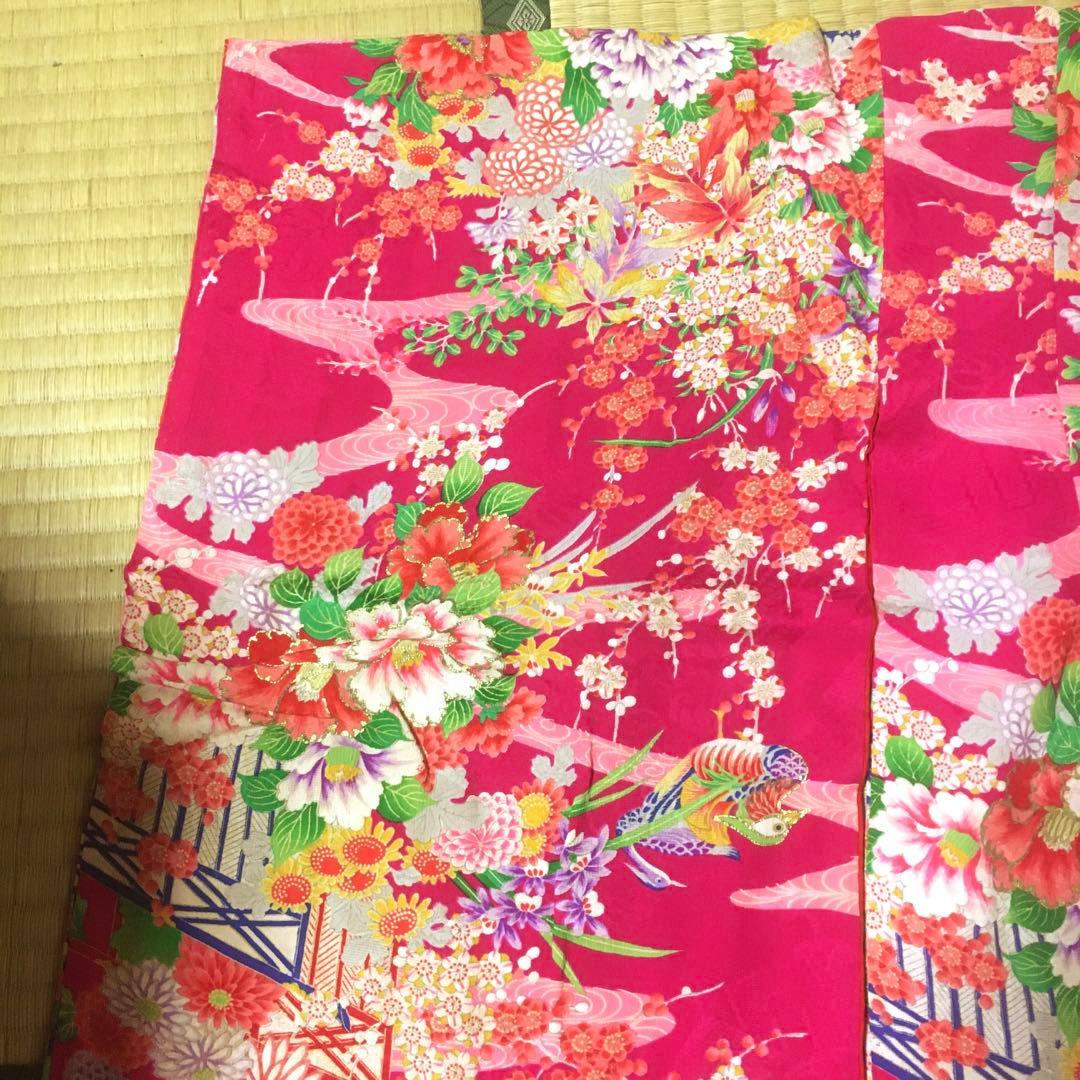 七五三　女の子　アンティーク着物　鳥花柄　　　　当時物　　　　　昭和20年代後期