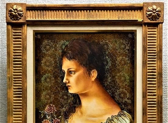 宮田融「婦人像」Ｆ６　油彩画　大阪三越「秀作油絵展」展示作品　アンティークな額装