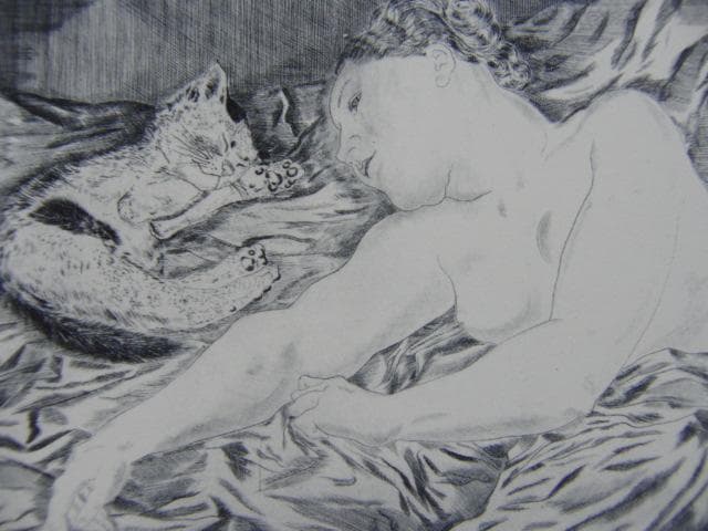 藤田嗣治、【女と猫】、希少な画集より、新品高級額・額装付