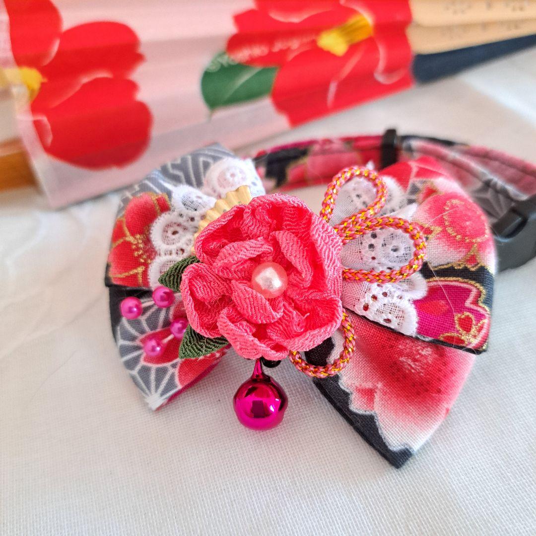 お正月仕様(ピンク②)つまみ細工付き和風リボン、わんちゃん猫ちゃん用