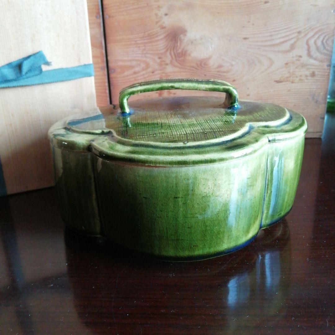 瀬戸焼　加藤作助　織部木売形蓋付菓子鉢　20cm　大正〜昭和初期