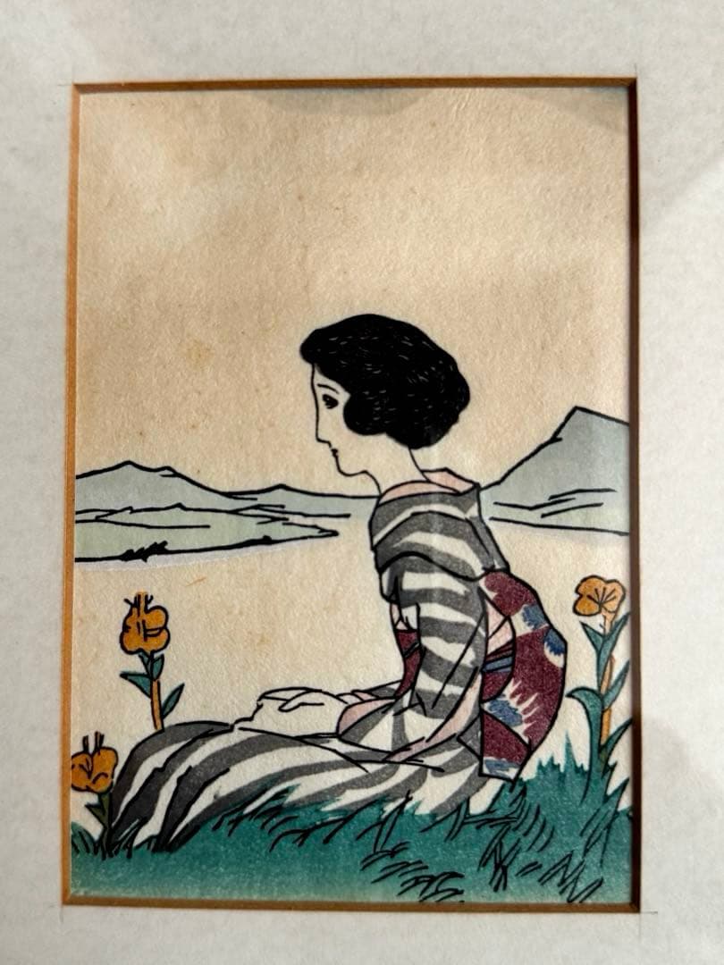 竹久夢二 女性の肖像 木製フレーム 額220x275 絵90x130mm