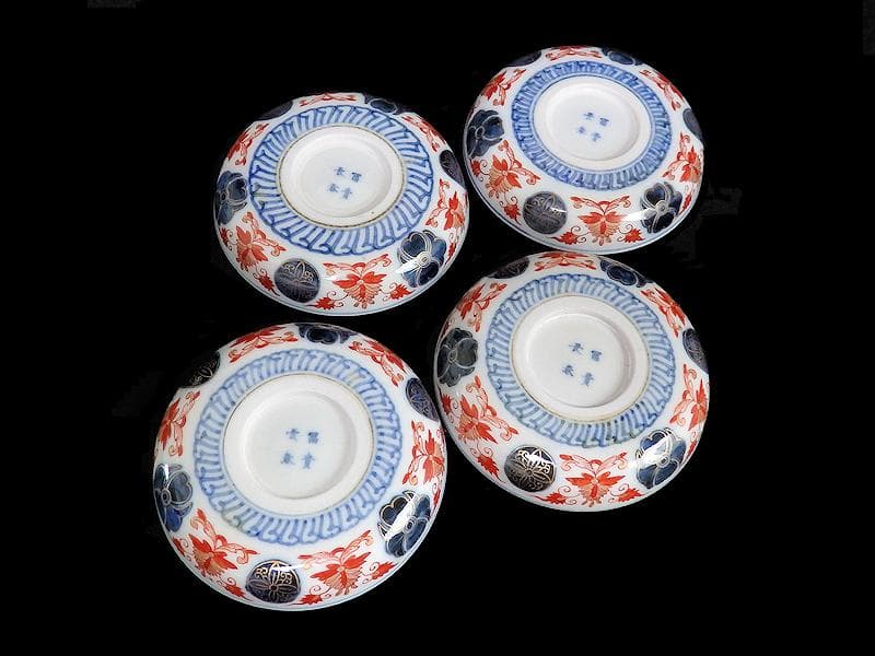 大聖寺古伊万里　金襴手　丸紋に笹の図　４寸皿　４枚　094AS-CAn