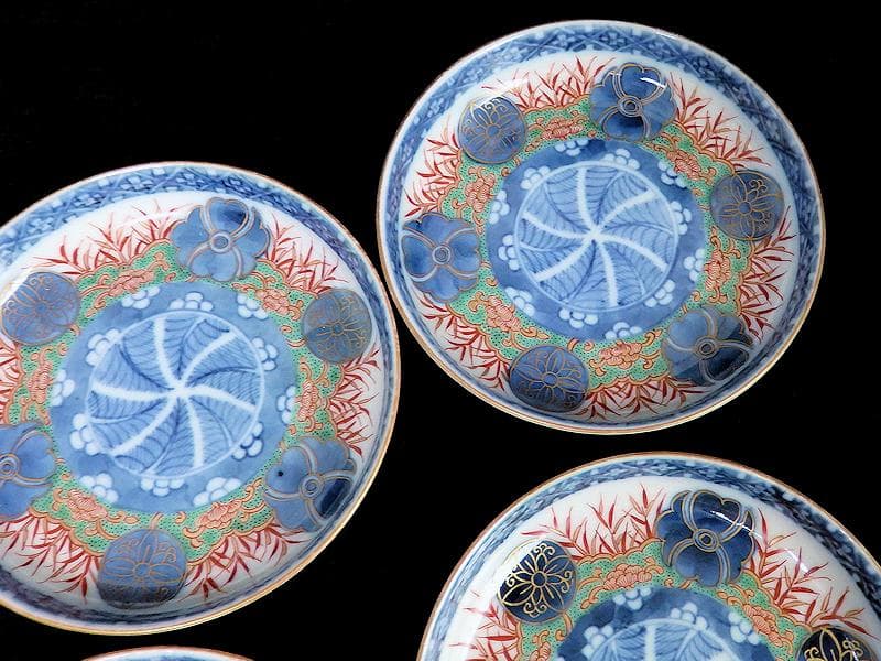 大聖寺古伊万里　金襴手　丸紋に笹の図　４寸皿　４枚　094AS-CAn