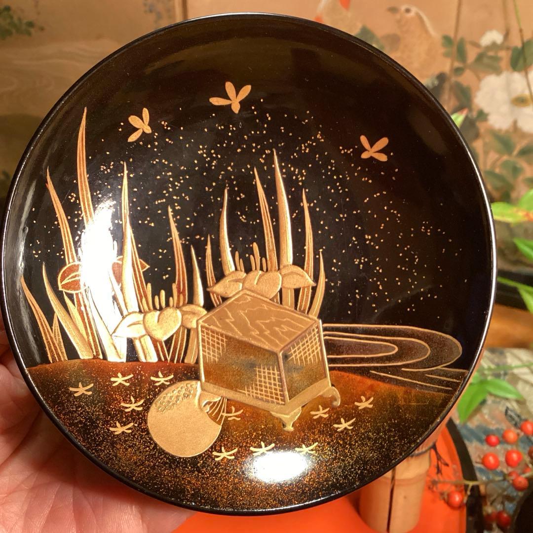 A1035 木製輪島塗 懐石道具 衝羽根に流水菖蒲 蒔絵 5客