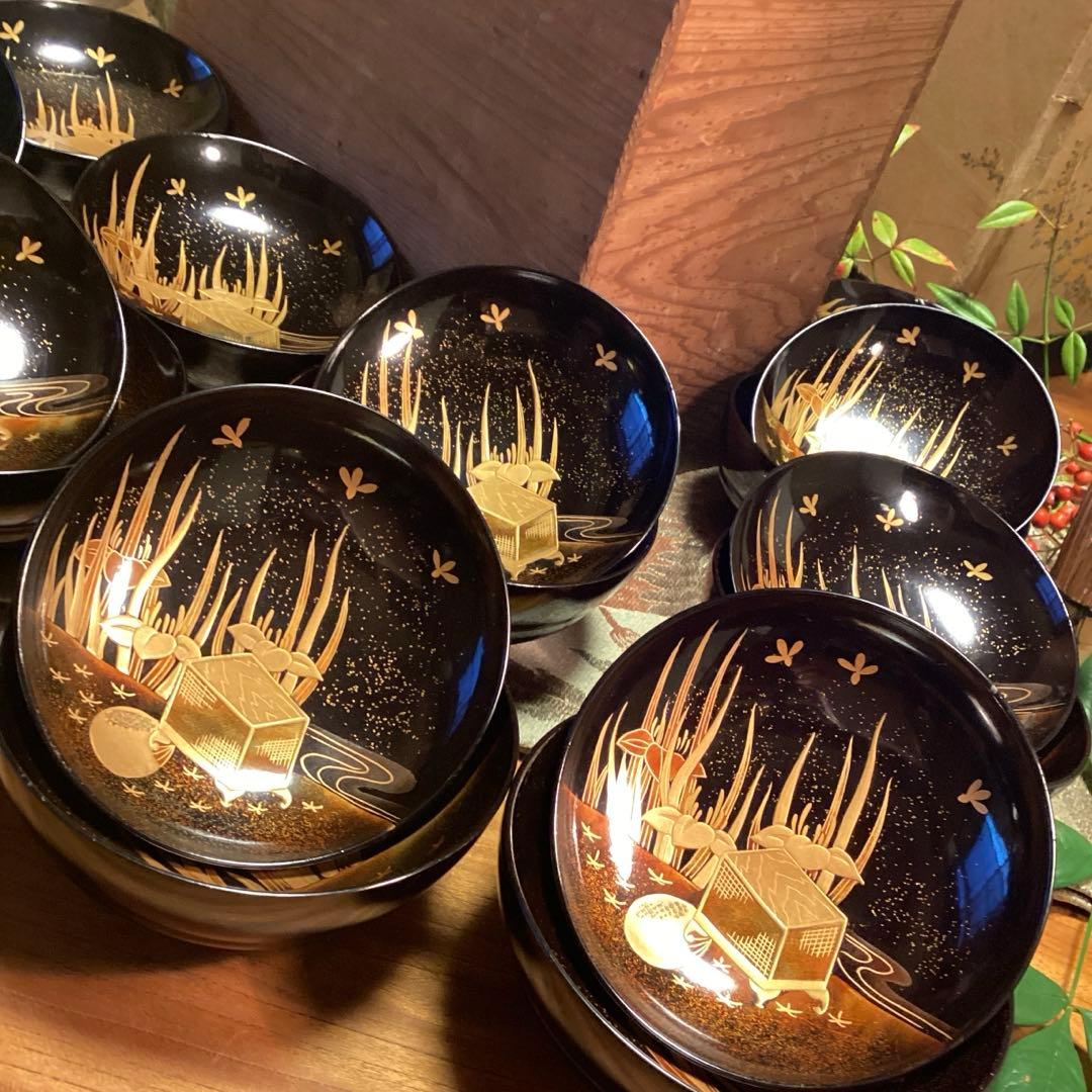 A1035 木製輪島塗　懐石道具　衝羽根に流水菖蒲　蒔絵　5客