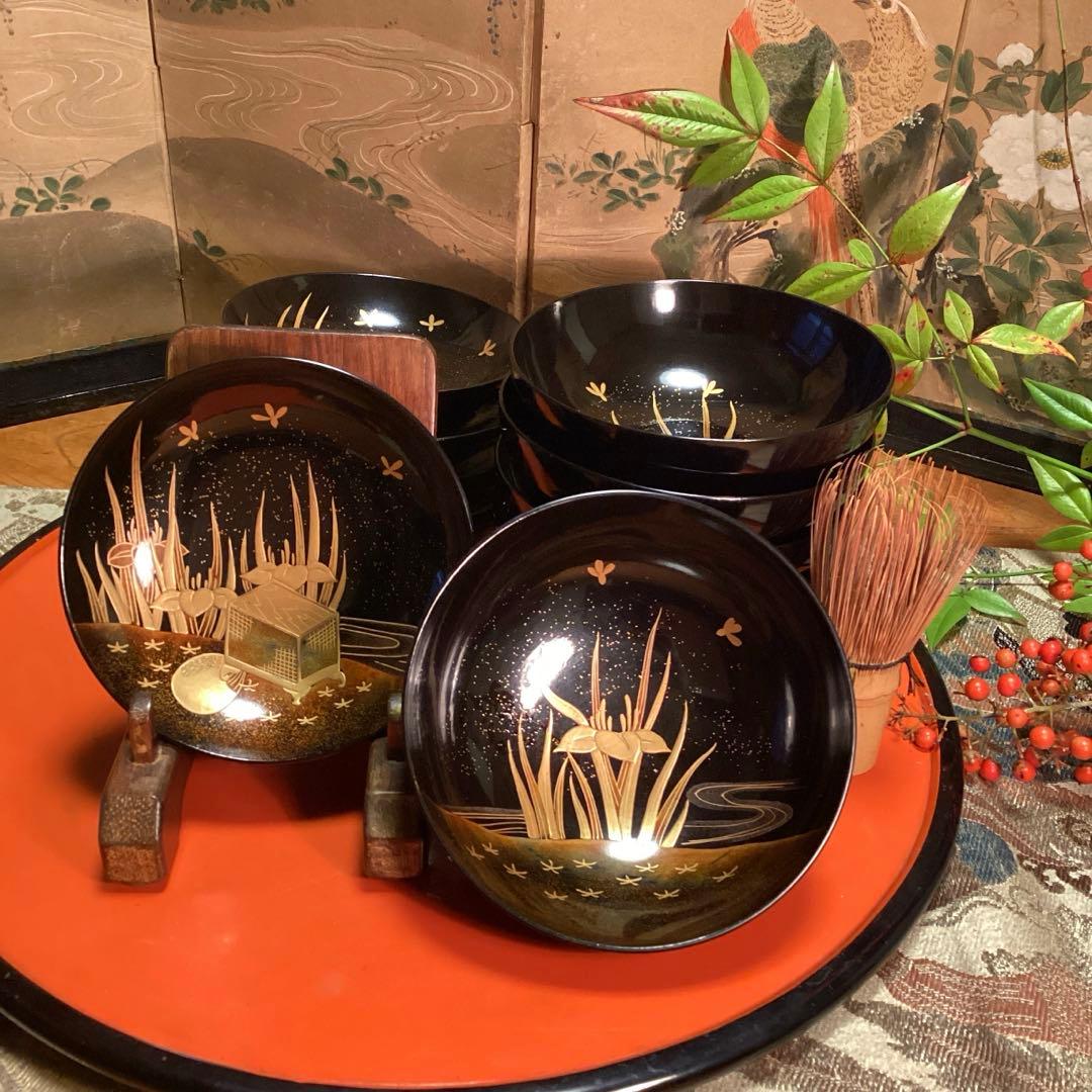 A1035 木製輪島塗　懐石道具　衝羽根に流水菖蒲　蒔絵　5客