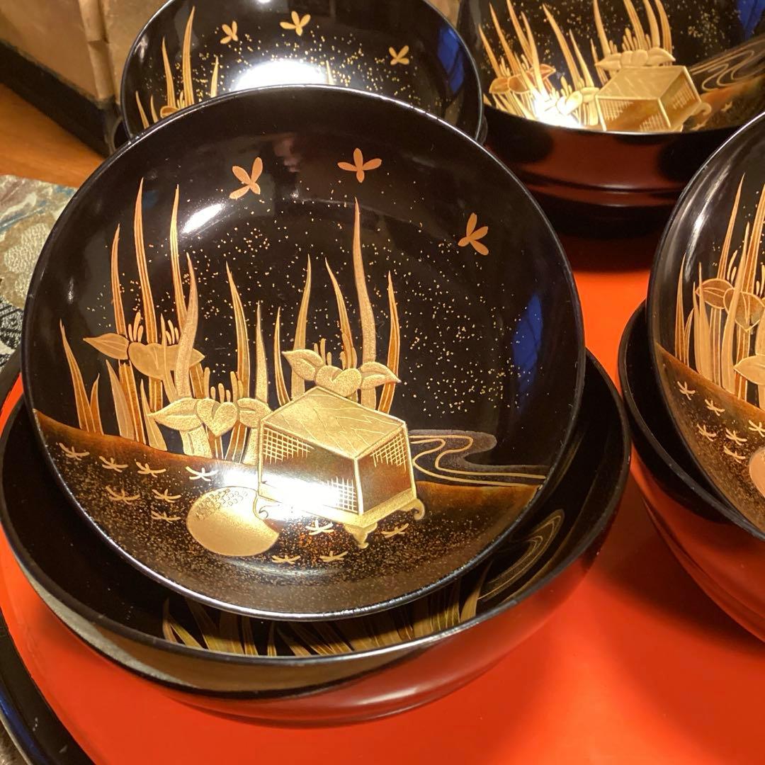 A1035 木製輪島塗　懐石道具　衝羽根に流水菖蒲　蒔絵　5客