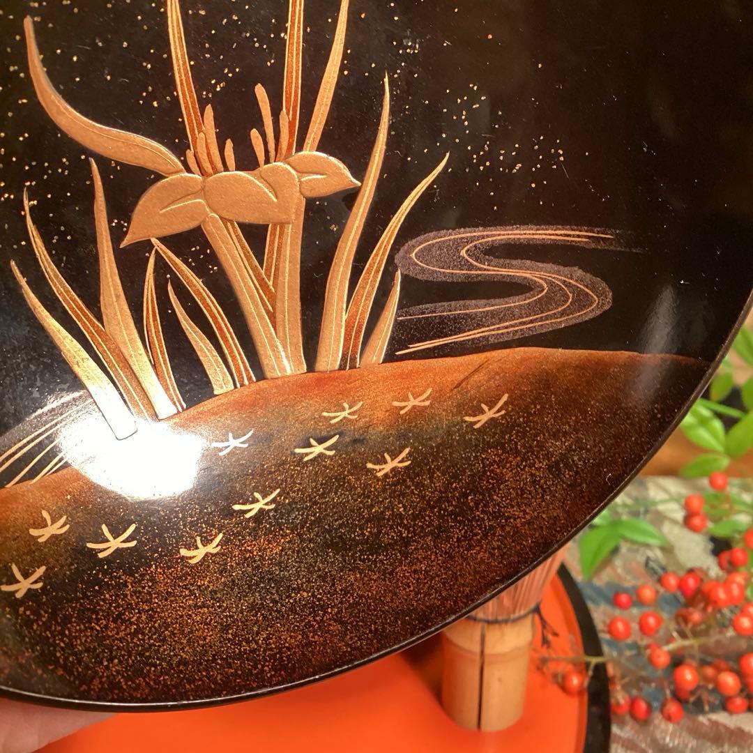 A1035 木製輪島塗 懐石道具 衝羽根に流水菖蒲 蒔絵 5客