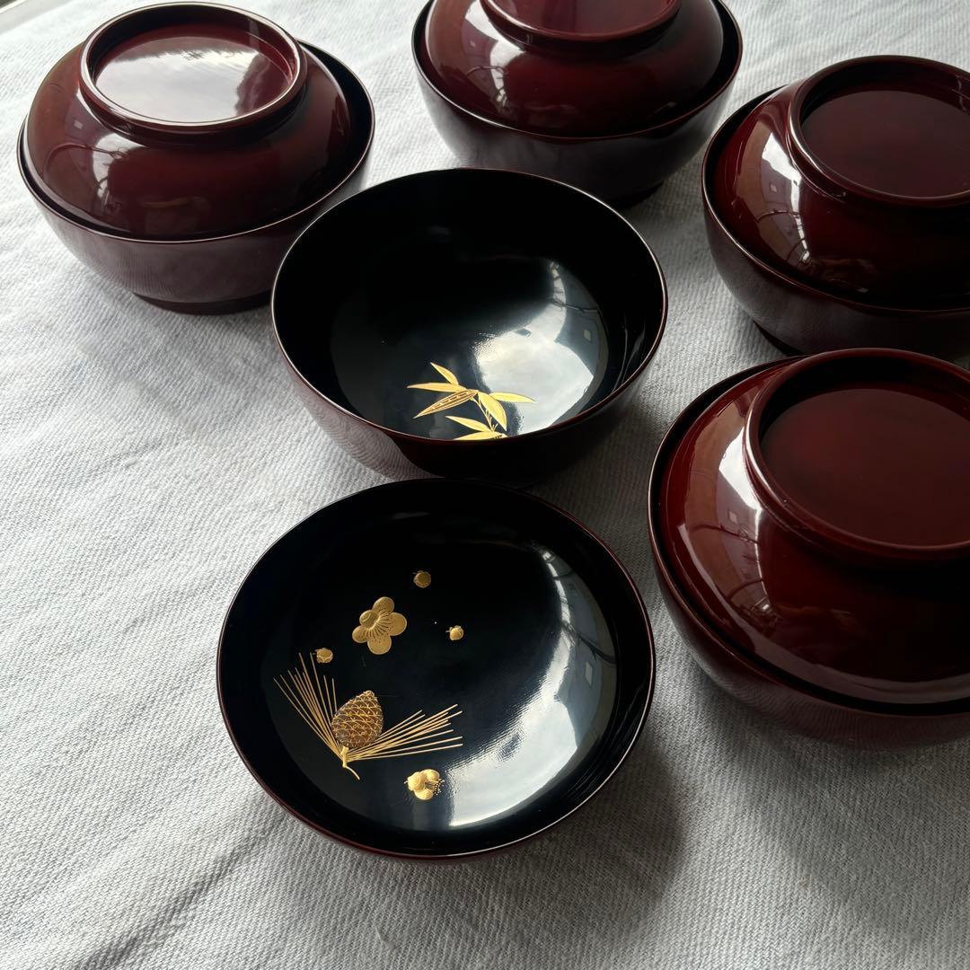 時代 溜塗漆に愛らしい松竹梅の蒔絵お椀5点 梅、松の実（検輪島塗蒔絵