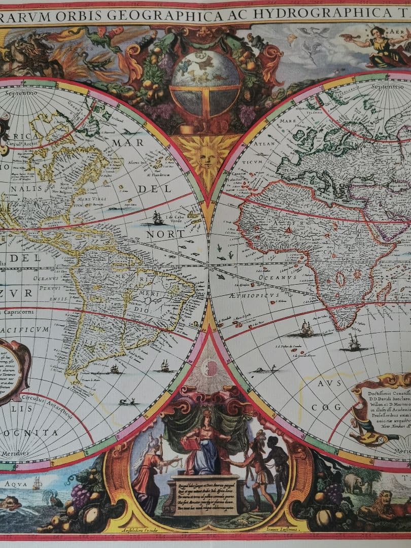 アンティーク ドイツ ローゼル 1641年の世界地図復刻 四元素 版画風