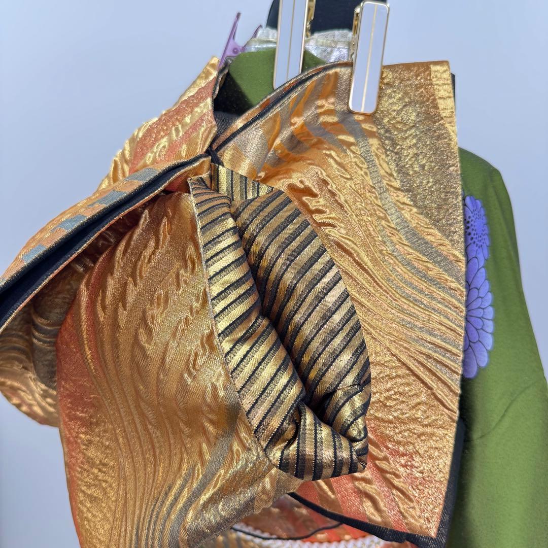 豪華振袖10点フルセット 緑系 ラメ 金彩 松竹梅 牡丹 つけ袖黒レース