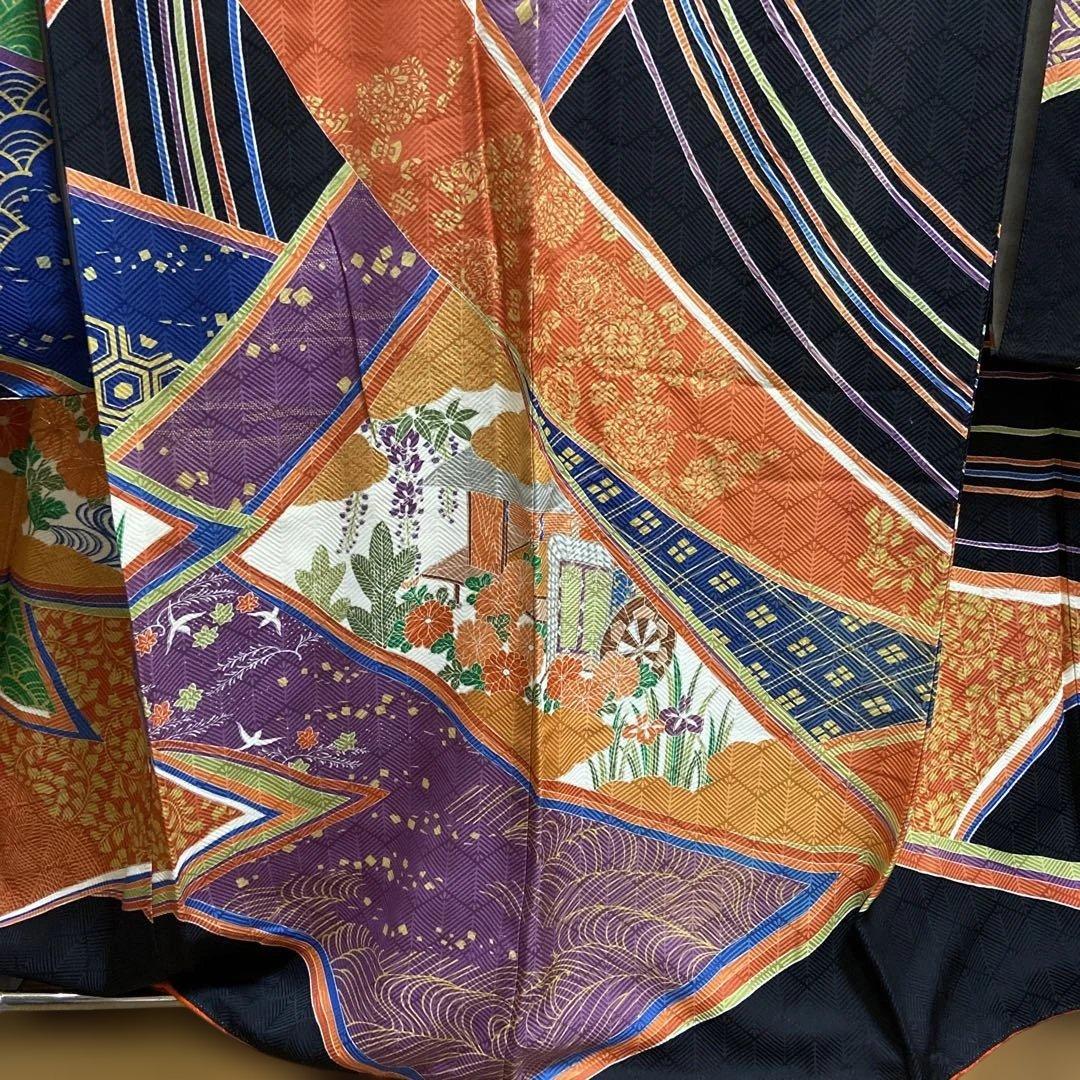 A 振袖 袷 正絹 黒地 お姫様 御所車 菊 菖蒲 着物 和装 和物 成人式