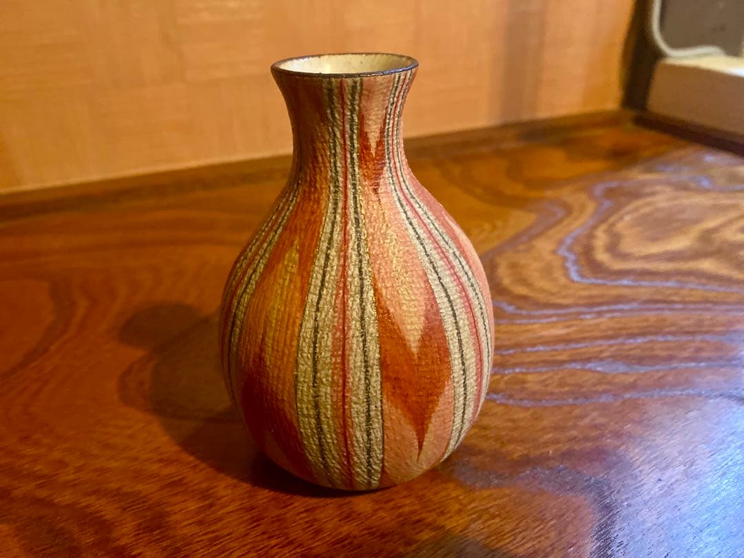 極上！福野道隆作優美な繊細画の《赤絵絣文》（検笠間焼花器徳利ルーシーリー