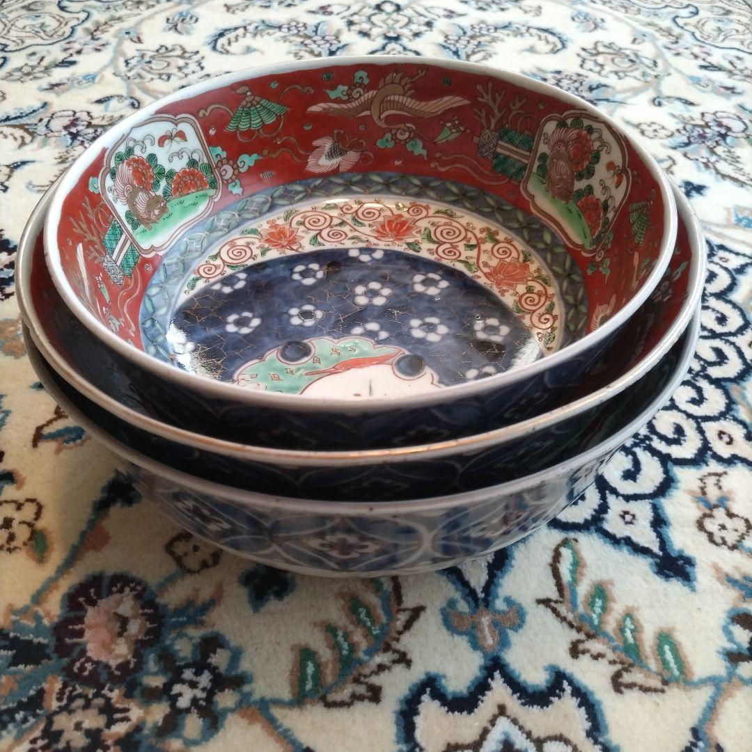 時代 色絵 三組 鉢 骨董 江戸 アンティーク 雪輪 古伊万里 大聖寺伊万里